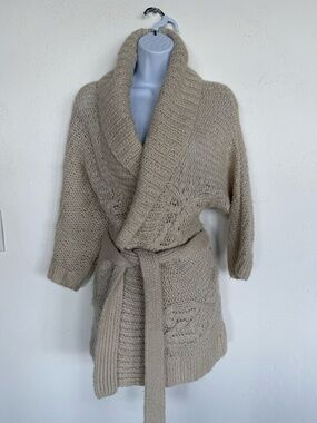 American Eagle Belted Wrap Cardigan Cream